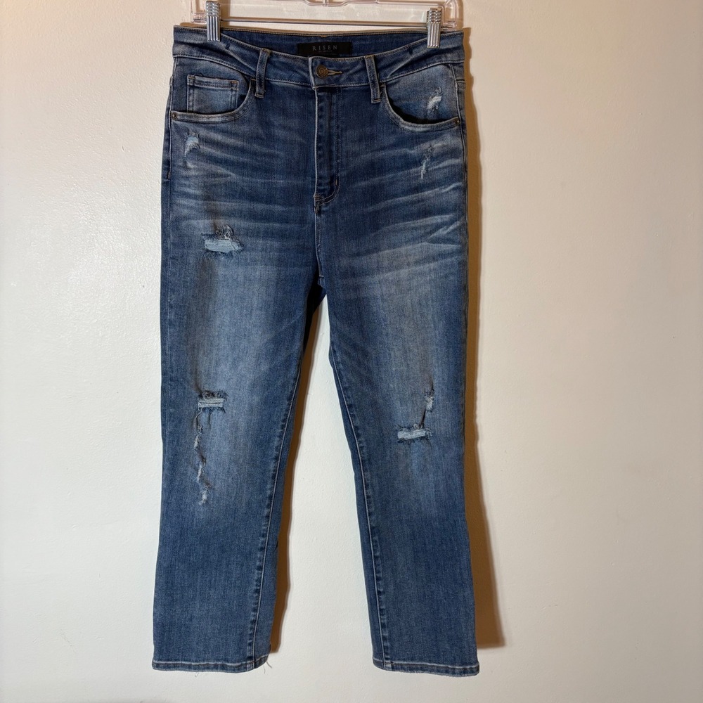 Risen Los Angeles Distressed Straight Leg Jeans Medium Wash Raw Hem Size 29/9